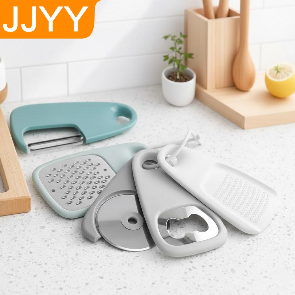 Camping Cooking Multi Tool - 5-delige keukenhulpjesset: schilmesje, pizzames, rasp, flesopener,