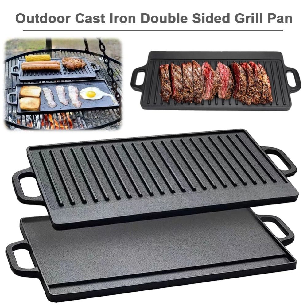 Camping Cooking Range - Dubbelzijdige gietijzeren bakplaat, omkeerbaar, rechthoekig, BBQ-grillplaat,